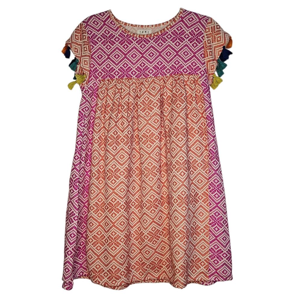 THML Patchwork Bright Tassel sleeve babydoll dress sz small mulitcolor.